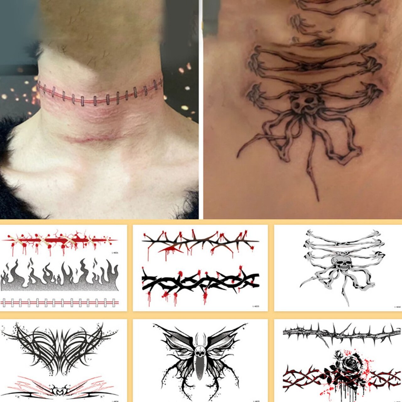 8Pcs Halloween Neck Tattoo Stickers Realistic Skull Scar Fake Tattoos For Halloween Party Spooky Spirit Decal